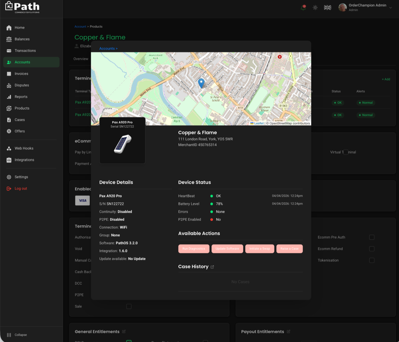 Path dashboard showing a merchant's terminal estate, device status and integration details
